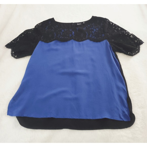 Saks Fifth Avenue Tops - Saks Fifth Avenue Black Collection 100% Silk Blouse Blue Black Lace M